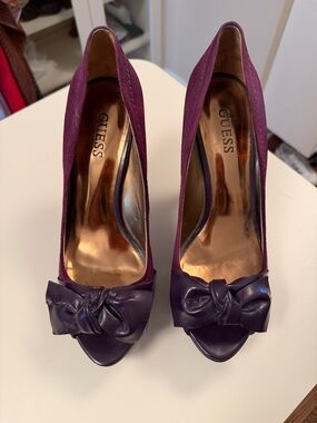 GUESS Plum Suede Bow Peep Toe Heels | Purple Platform Pumps |Women’s Dress Shoes